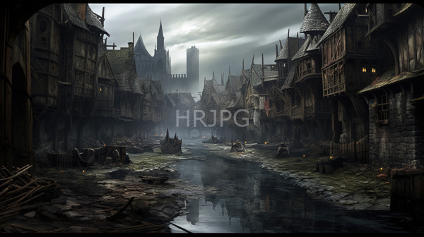 High Resolution: Dark atmospheric medieval fantasy village gothic-style timber-framed buildings central reflective muddy street download. | HRJPG.com