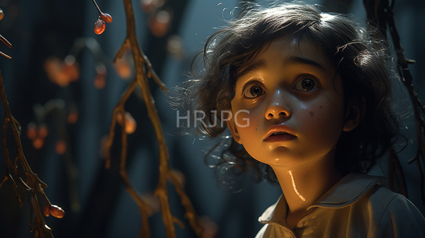 High Resolution: Young Asian girl curly black hair large brown eyes freckles illuminated soft warm light download. | HRJPG.com