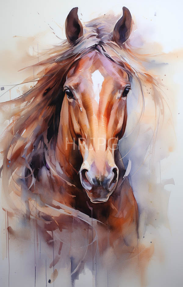 High Resolution: Abstract watercolor painting of a horse's head featuring rich brown and orange hues with dynamic movement in the mane download. | HRJPG.com