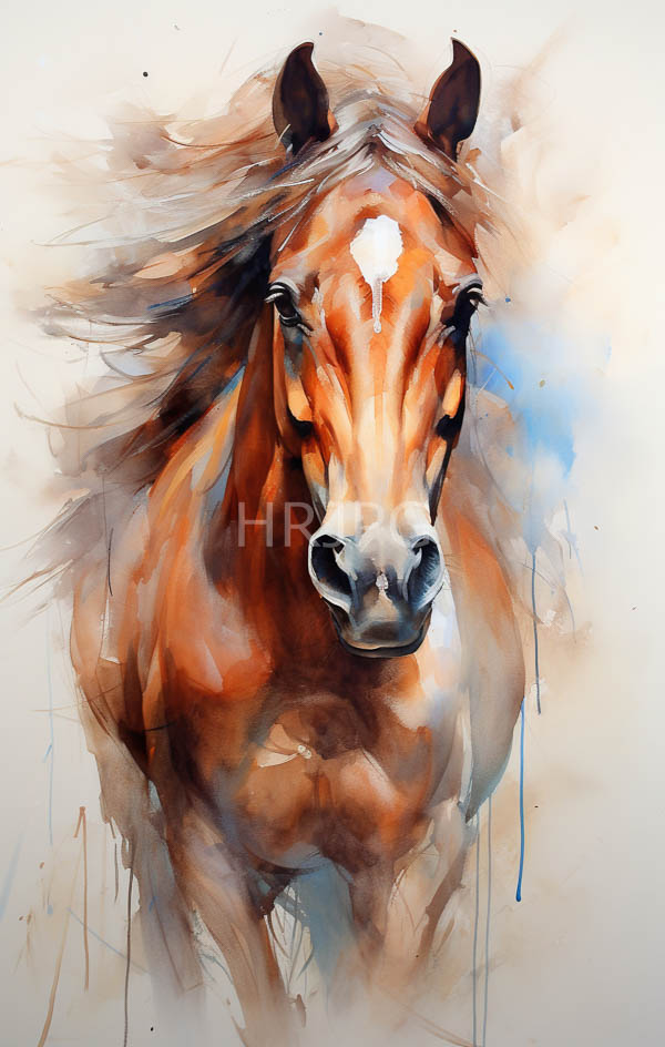 High Resolution: Expressive watercolor-style painting of a galloping brown horse with white markings conveying motion through loose brushstrokes download. | HRJPG.com