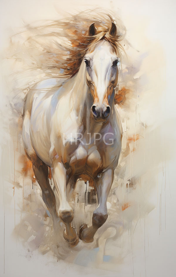 High Resolution: Energetic white horse with flowing brown mane and tail galloping forward against a textured beige background with loose brushstrokes download. | HRJPG.com