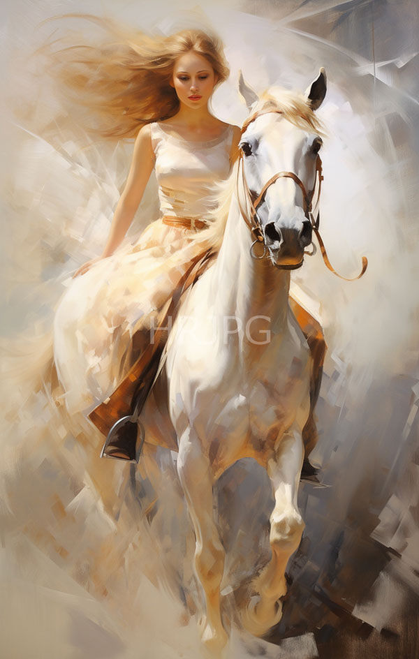 High Resolution: Ethereal scene features a blonde woman in a white dress and brown belt riding a galloping white horse against a dreamy abstract background download. | HRJPG.com