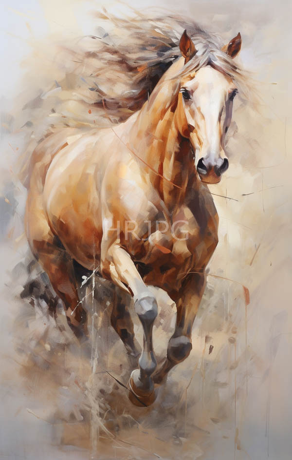 High Resolution: Impressionistic painting of a galloping horse with flowing wind-swept mane and tail in shades of brown white beige and black tones download. | HRJPG.com