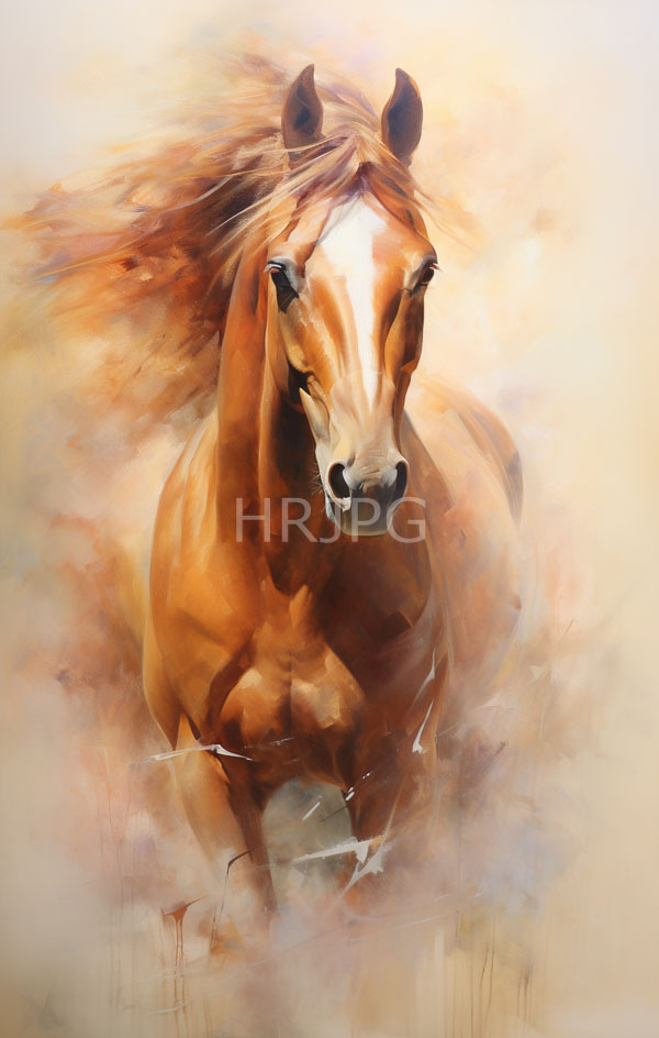 High Resolution: Vibrant realistic painting of an energetic brown horse with white markings galloping forward against a soft beige background with swirling warm brushstrokes download. | HRJPG.com