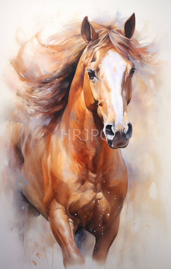 High Resolution: Watercolor painting of an energetic galloping chestnut horse with flowing mane and a white blaze on its face against abstract soft beige tones download. | HRJPG.com