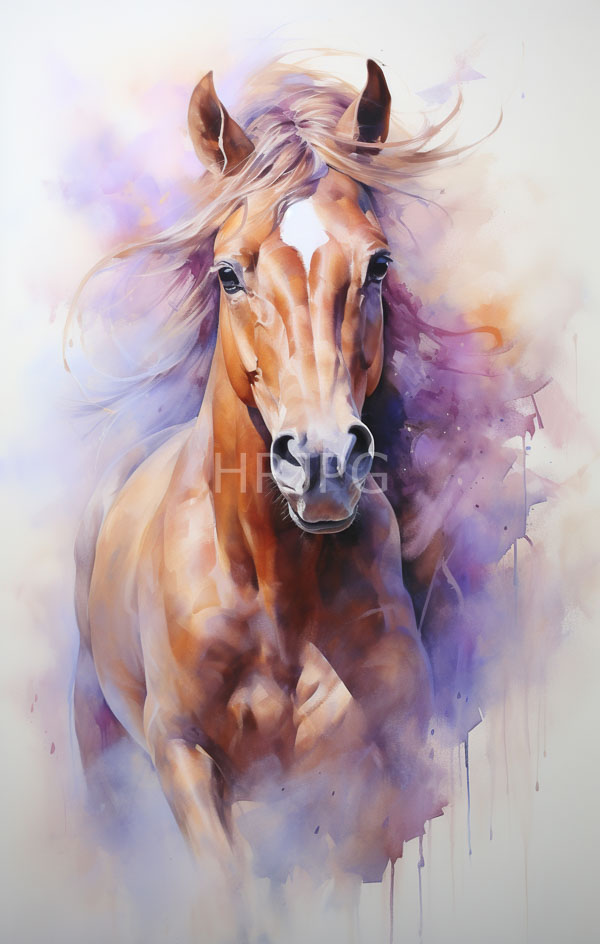 High Resolution: Watercolor painting of an elegant muscular brown horse with flowing blonde mane and expressive eyes against a soft purple-pink gradient background download. | HRJPG.com
