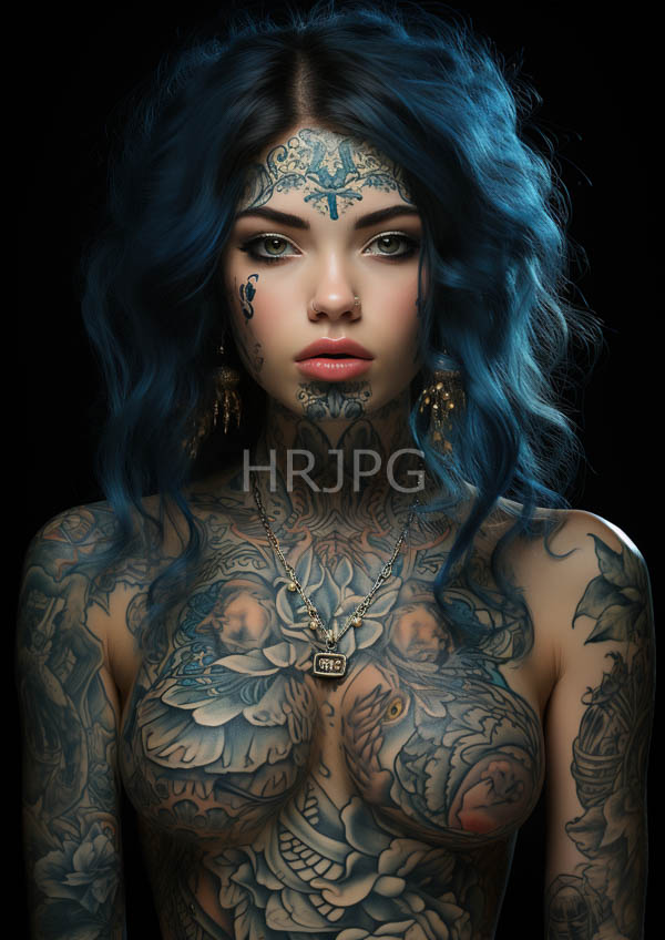 High Resolution: Photorealistic portrait of an attractive tattooed woman with blue wavy hair and pale skin against a black background featuring intricate floral designs on her chest download. | HRJPG.com