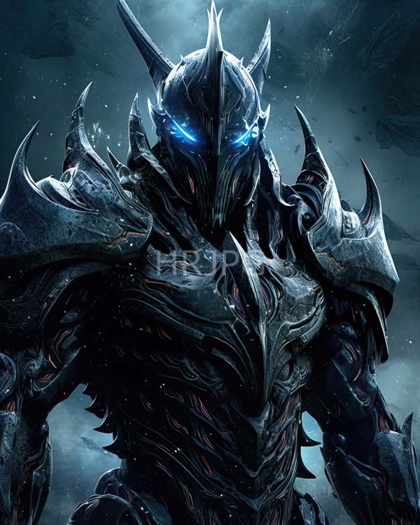High Resolution: Imposing dark armored warrior with glowing blue eyes and intricate metallic armor featuring sharp spikes against a stormy sky background download. | HRJPG.com