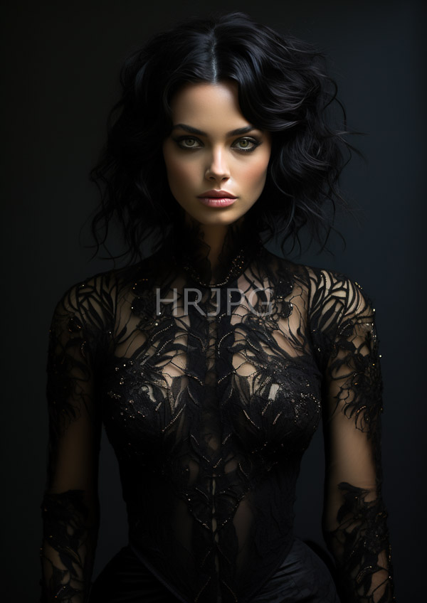 High Resolution: Attractive woman with dark wavy hair and piercing green eyes against a black background wearing a sheer lace dress that reveals her medium-sized breasts download. | HRJPG.com