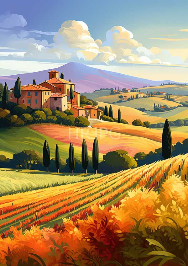 High Resolution: Italian countryside at sunset features vibrant orange and yellow fields with tall cypress trees leading to rustic red-roofed villas on a hillside download. | HRJPG.com