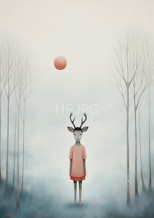 High Resolution: Anthropomorphic deer with black fur small antlers and a gray face stands in a foggy forest wearing a pink shirt-dress under a red moon download. | HRJPG.com