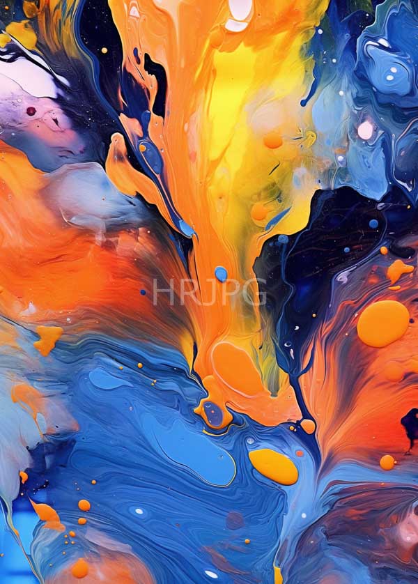 High Resolution: Abstract painting featuring vibrant swirling colors of orange yellow blue and black with fluid-like textures resembling marbling or acrylic pouring download. | HRJPG.com