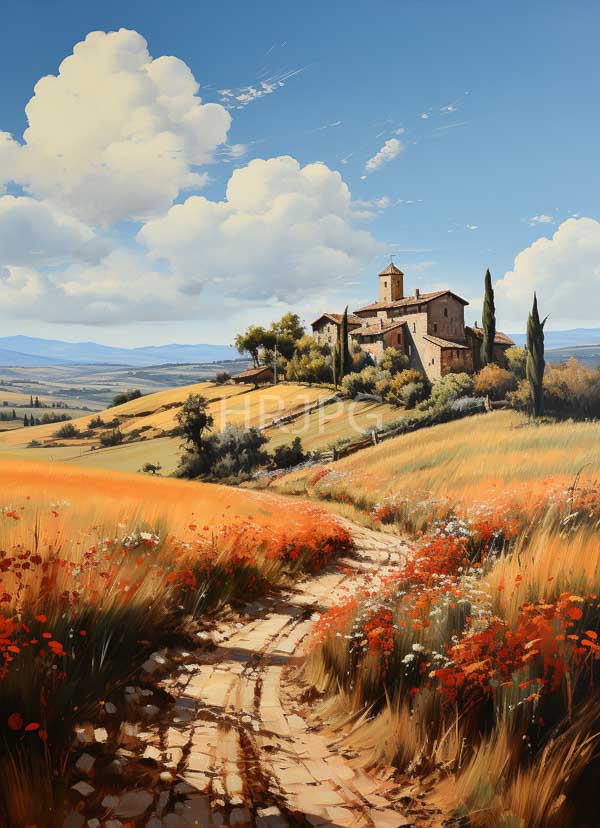 High Resolution: Oil painting depicts a picturesque sunlit rural landscape with rolling hills wildflowers and a winding stone path leading to a rustic medieval-style villa download. | HRJPG.com