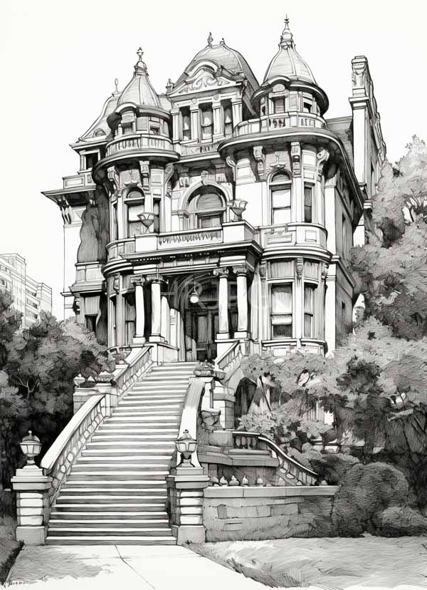 High Resolution: Black-and-white pencil drawing of an ornate Victorian-style mansion with multiple turrets intricate architectural details and a central staircase download. | HRJPG.com