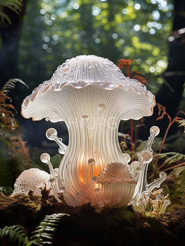 High Resolution: Ethereal translucent white mushroom with ribbed texture and a delicate frilled cap in a sunlight-dappled forest floor setting glowing with soft orange light download. | HRJPG.com