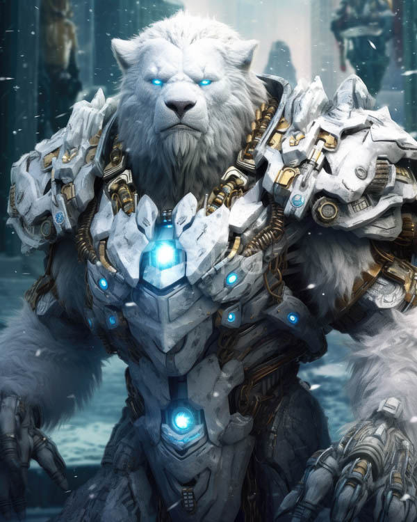 High Resolution: Anthropomorphic white lion warrior in futuristic armored gear with glowing blue accents and intricate metallic details against a snowy background download. | HRJPG.com