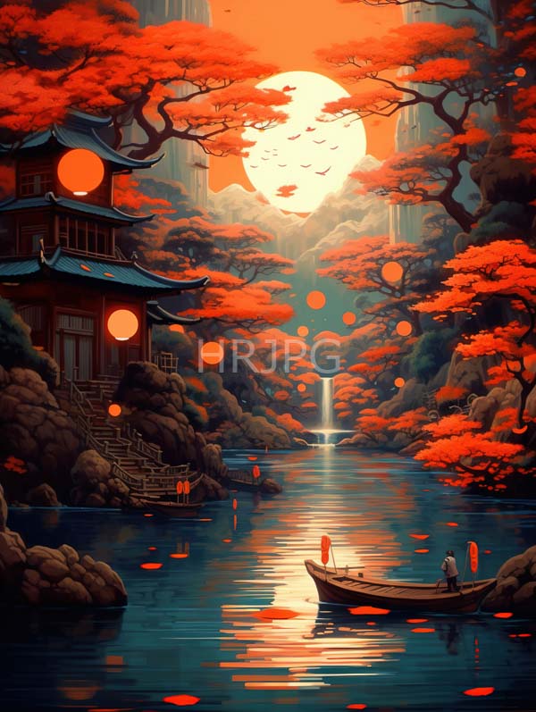 High Resolution: Ethereal sunset-lit Japanese landscape with vibrant red-orange trees glowing orbs and a traditional wooden house by a reflective river towards a distant waterfall download. | HRJPG.com
