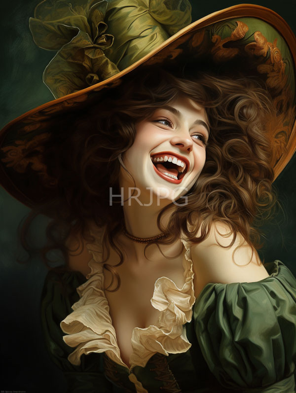 High Resolution: Ecstatic young woman with curly brown hair smiling widely under a large floral-patterned hat wears an off-shouldered dark-green dress revealing a ruffled white neckline download. | HRJPG.com