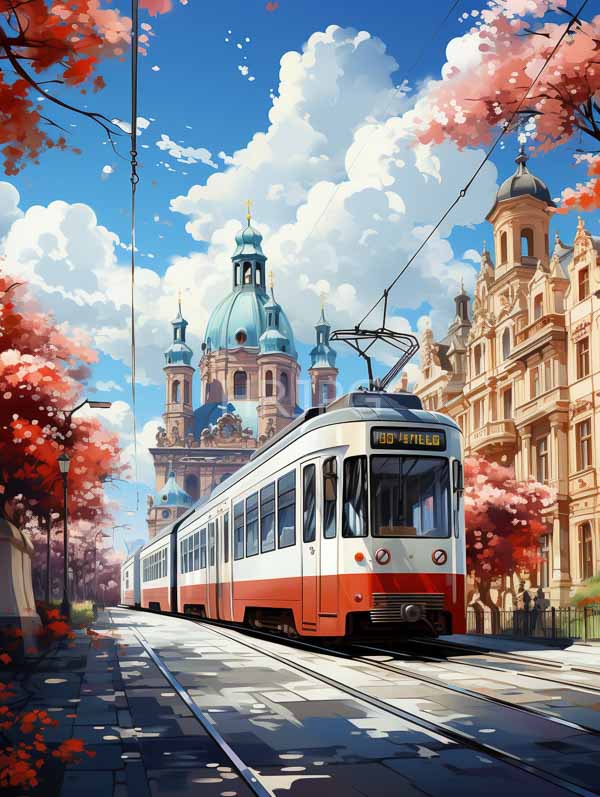 High Resolution: Ornate white and red tram with Hauptstrabe displayed on its front sign travels down cobblestone tracks in a picturesque European cityscape surrounded by cherry blossoms download. | HRJPG.com