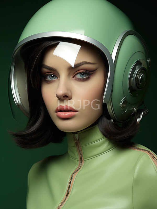 High Resolution: Attractive woman with fair skin green eyes and dark brown bobbed hair wears a shiny mint-green helmet featuring silver accents and matching light-reflective clothing download. | HRJPG.com