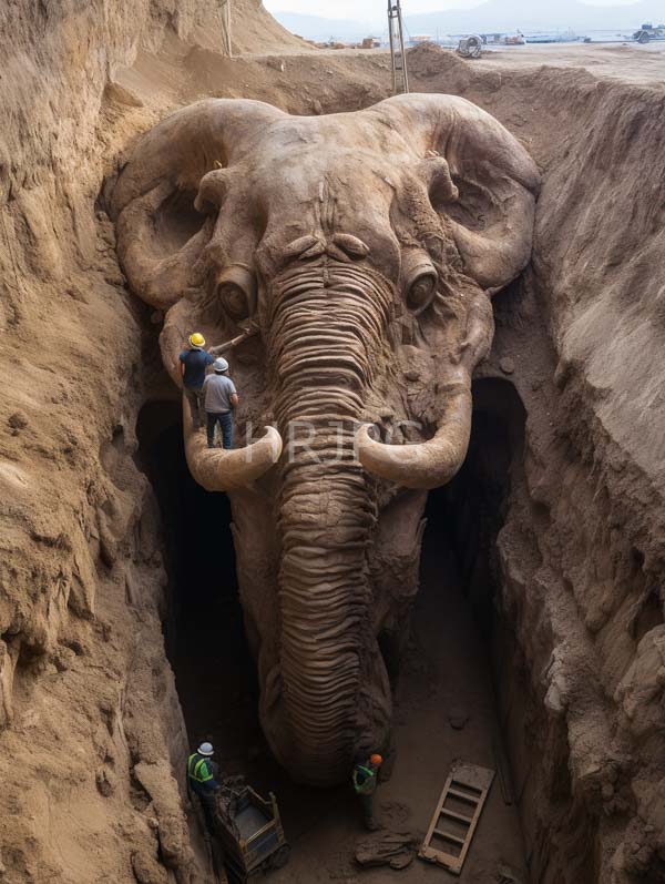 High Resolution: Enormous intricately carved stone elephant face in a quarry pit with four workers wearing yellow and green hard hats standing around it pointing at its ears download. | HRJPG.com