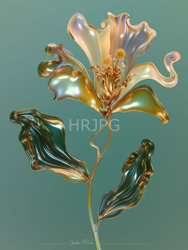 High Resolution: Abstract metallic flower with iridescent petals in shades of gold and green against a teal background with smooth textures mimicking liquid metal or glass download. | HRJPG.com