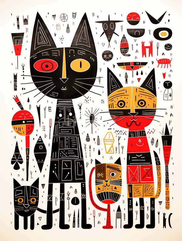 High Resolution: Abstract illustration features four stylized black cats with geometric patterns and vibrant red accents on their faces against a white background filled with various small symbols download. | HRJPG.com