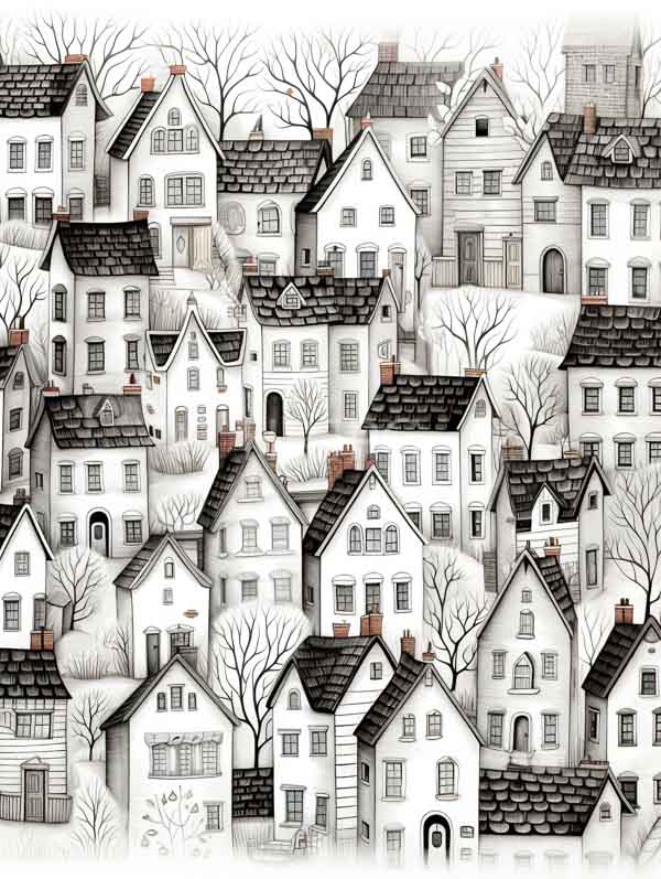 High Resolution: Intricate monochromatic drawing depicts densely packed Victorian-style houses with varied rooflines and chimneys on sloping terrain with white facades and black roofs download. | HRJPG.com