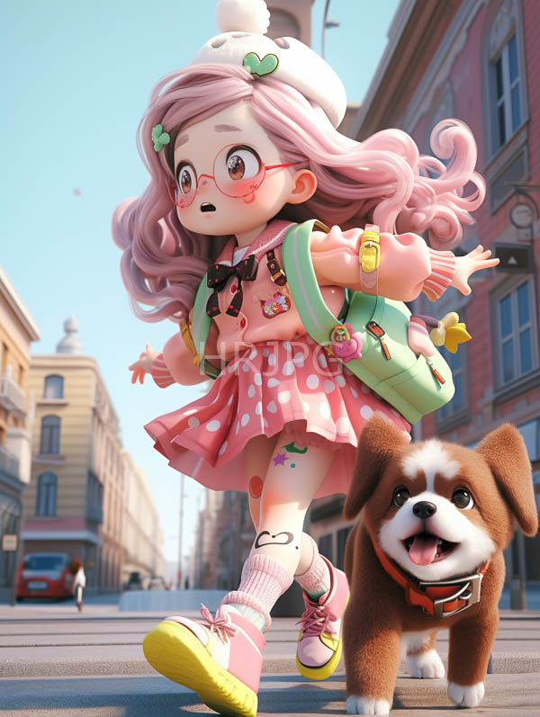 High Resolution: Anime-style girl with pink curly hair wears red glasses and heart-shaped accessories with a polka-dot skirt and a pastel green backpack adorned with cute charms download. | HRJPG.com