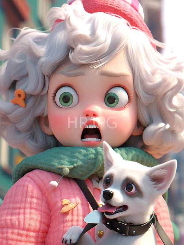 High Resolution: Anime-style young girl with large green eyes curly white hair adorned by a small orange butterfly clip wears a plaid red coat and holds a leash to a tiny white dog download. | HRJPG.com