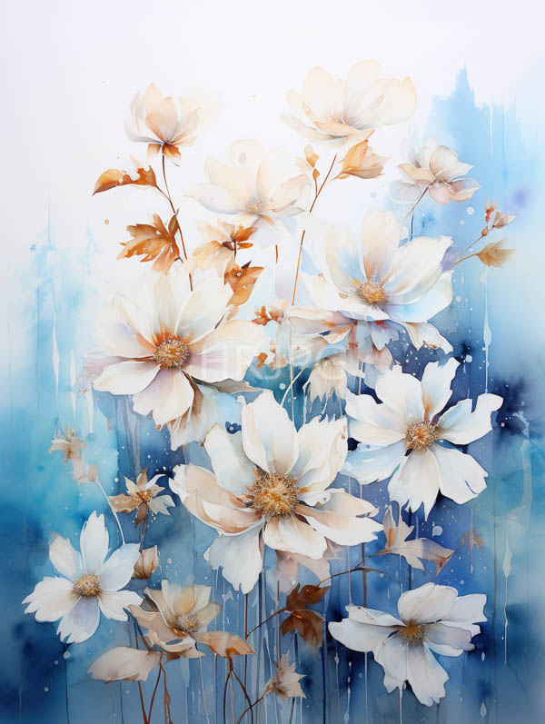 High Resolution: Elegant watercolor painting depicts white and pale pink magnolia flowers with delicate brown leaves set against a gradient blue background creating a serene atmosphere download. | HRJPG.com