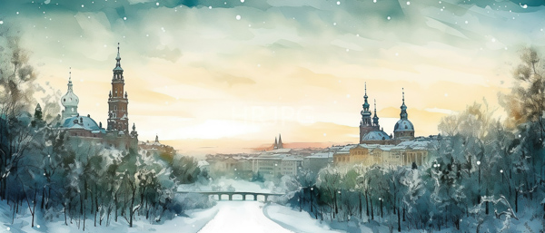 High Resolution: Watercolor painting of an icy winter cityscape at sunset features snow-covered trees and buildings with tall spires and two prominent towers under a glowing sky download. | HRJPG.com