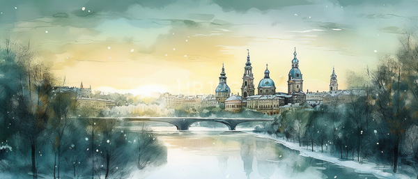 High Resolution: Watercolor-style painting of an ethereal winter cityscape features snow-covered trees a reflective river with an icy bridge and three domed historic buildings under a yellow-green sunset download. | HRJPG.com
