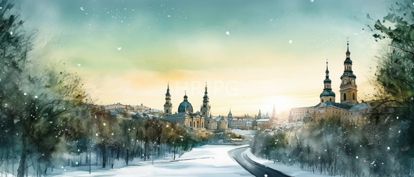 High Resolution: Watercolor painting depicts an ethereal winter scene of a cityscape at sunset with snow-covered trees and a winding road leading to ornate churches with green domes download. | HRJPG.com
