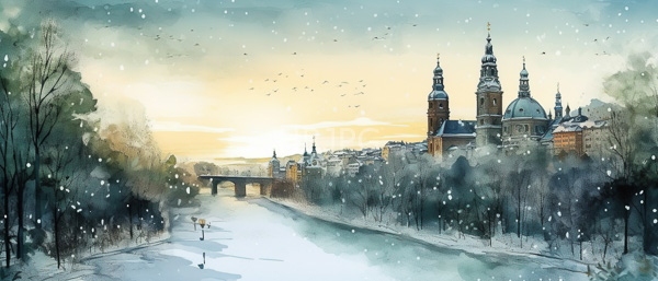 High Resolution: Watercolor painting of an urban winter scene at sunset features snow-covered trees and a river with two prominent church domes on the right and birds flying across the pale sky download. | HRJPG.com