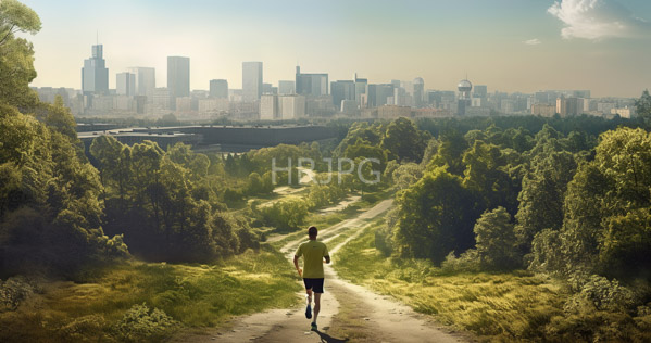 High Resolution: Athletic man with short brown hair wears a green shirt and black shorts running on a dirt path through a lush forested area towards a city skyline in soft sunlight download. | HRJPG.com