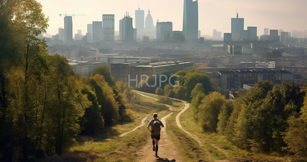 High Resolution: Athletic man with short brown hair wears blue shorts and a white tank top running on a dirt path through a lush green forest towards a modern skyscraper-filled city skyline download. | HRJPG.com