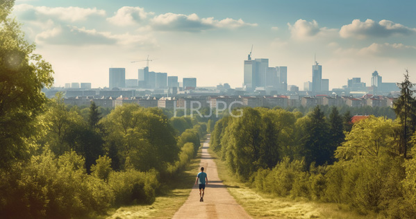 High Resolution: Urban landscape with lush greenery in the foreground a lone male runner walks away from the camera down a dirt path leading to a distant city skyline download. | HRJPG.com