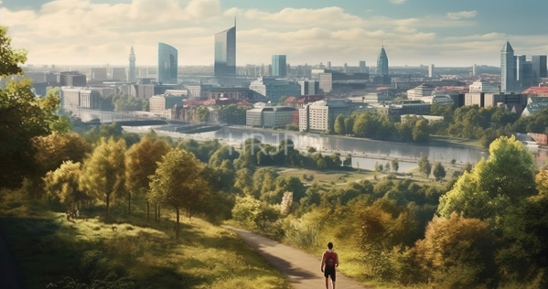 High Resolution: Urban landscape with lush greenery in the foreground features trees and a path where one person in a red shirt walks away from the city center towards skyscrapers download. | HRJPG.com