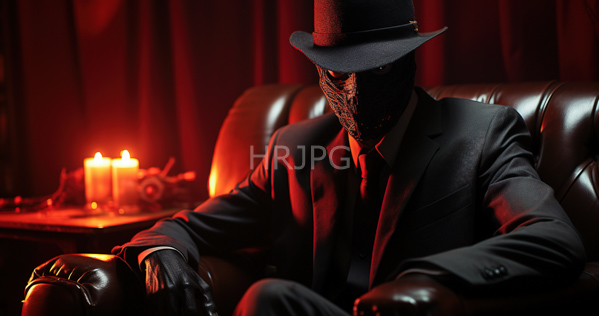 High Resolution: Enigmatic man in a black suit tie and gloves sitting on a dark leather couch wears a matching mask covering his face under a wide-brimmed hat against red curtains illuminated by candles download. | HRJPG.com