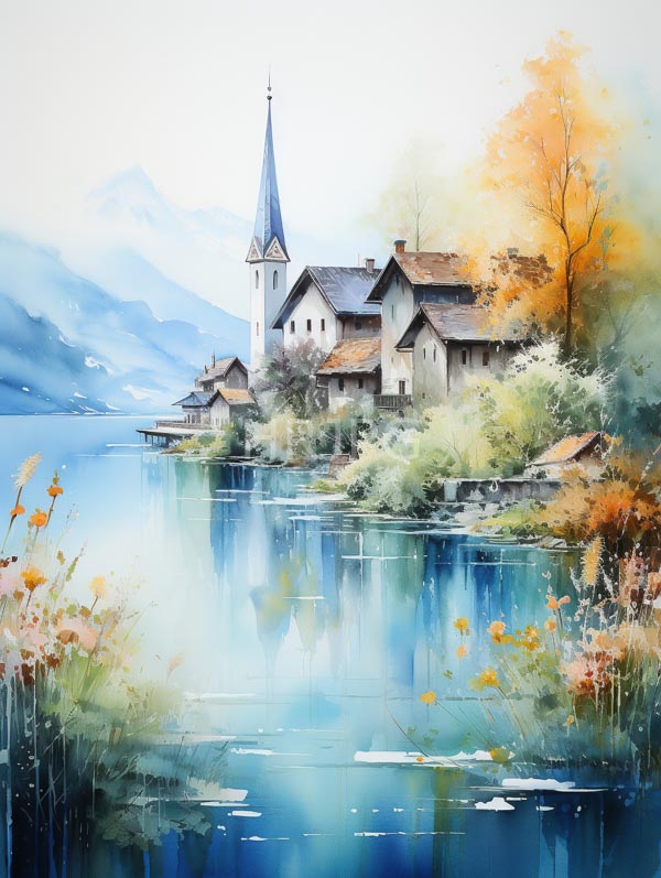 High Resolution: Watercolor painting of an idyllic village by a serene lake features rustic houses a tall church steeple and autumn trees displaying vibrant orange foliage reflecting gently download. | HRJPG.com