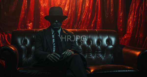 High Resolution: Enigmatic man in a dark suit striped tie and wide-brimmed hat sits on a tufted leather couch shadowy with only his hands visible under dim red lighting download. | HRJPG.com
