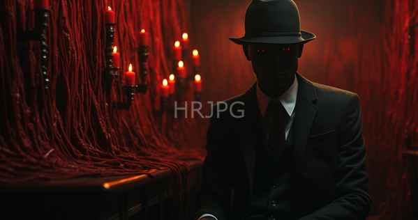 High Resolution: Anonymous man in a black suit white shirt and tie wears a fedora hat covering his face except for glowing eyes illuminated by candlelight from wall-mounted candelabras download. | HRJPG.com