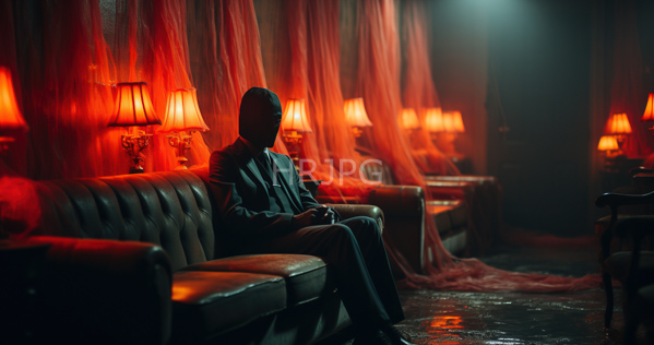 High Resolution: Atmospheric dim-lit room with red and orange lampshades casting warm light on tufted leather sofas where a seated man in a dark suit is silhouetted against soft lighting download. | HRJPG.com