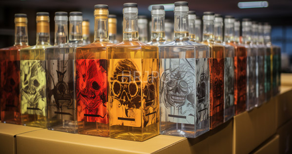 High Resolution: Numerous square glass bottles with colored liquids yellow orange-red and black skull illustrations on labels arranged in neat rows atop beige shelves download. | HRJPG.com
