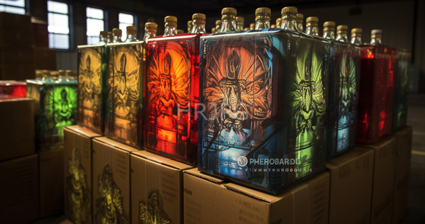 High Resolution: Six colorful glass-bottled herbal extracts with intricate black and white illustrations on their labels sit atop brown cardboard boxes in a dim industrial warehouse setting download. | HRJPG.com
