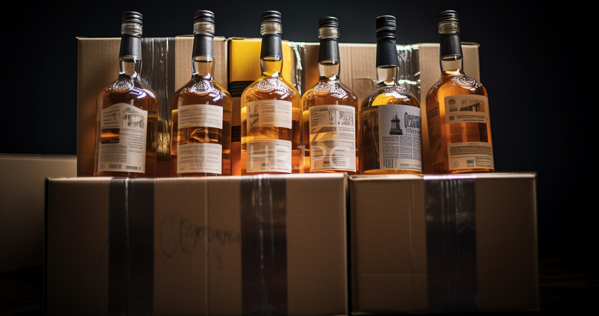 High Resolution: Six amber-colored whiskey bottles with silver caps each labeled stand in front of three large brown cardboard boxes under soft lighting casting warm reflections on the glass download. | HRJPG.com