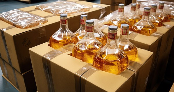 High Resolution: Multiple cardboard boxes containing clear glass bottles filled with amber-colored liquid likely whiskey with red and white labels secured by silver metallic tape download. | HRJPG.com