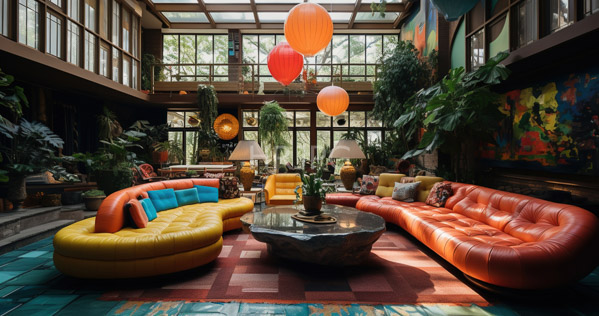 High Resolution: Eclectic sunlit indoor greenhouse lounge features vibrant orange and yellow tufted leather sofas facing each other on colorful tiled flooring with a metallic coffee table download. | HRJPG.com