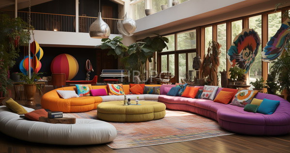 High Resolution: Eclectic colorful living room features curved orange and purple sofas with vibrant pillows around a central yellow pouf with large windows revealing lush greenery outside download. | HRJPG.com